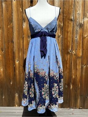 Anne Sui for Anthropologie Light Blue Floral Spaghetti-Strap Midi Dress